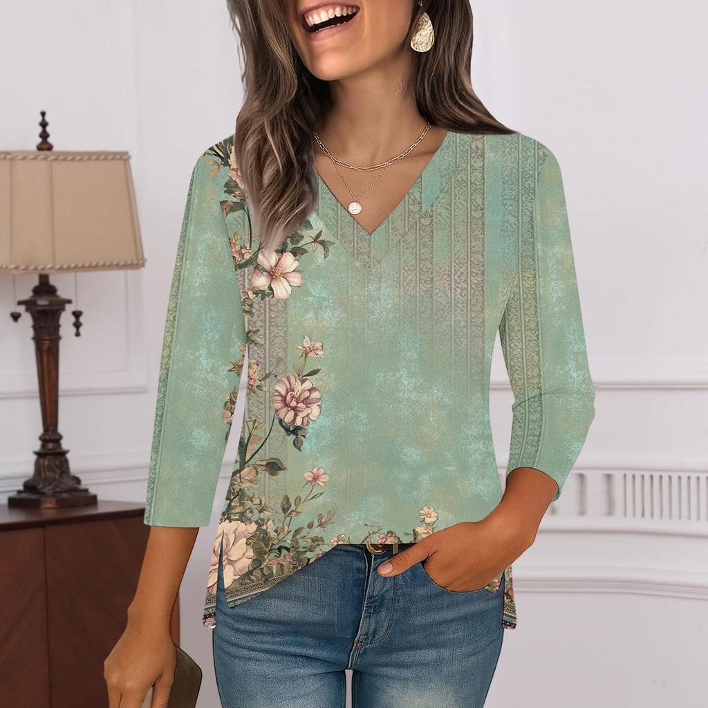 3/4 Sleeve Shirts For Women  Print Graphic Tees Blouses Casual Plus Size Basic Tops Pullover
