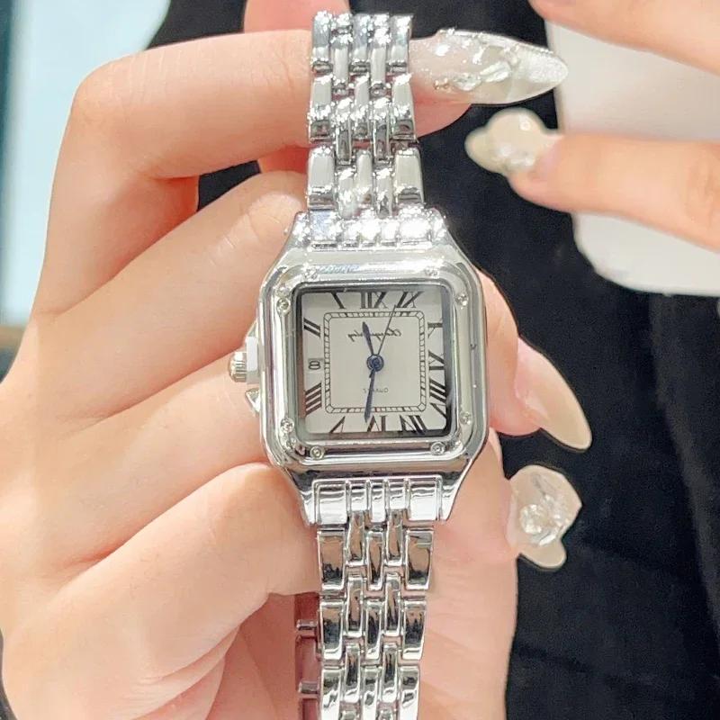 Women Fashion Square Watches Silver Stainless Steel Strap  Luxury Man Quartz Wristwatches Qualities Female Roman Scale Clock