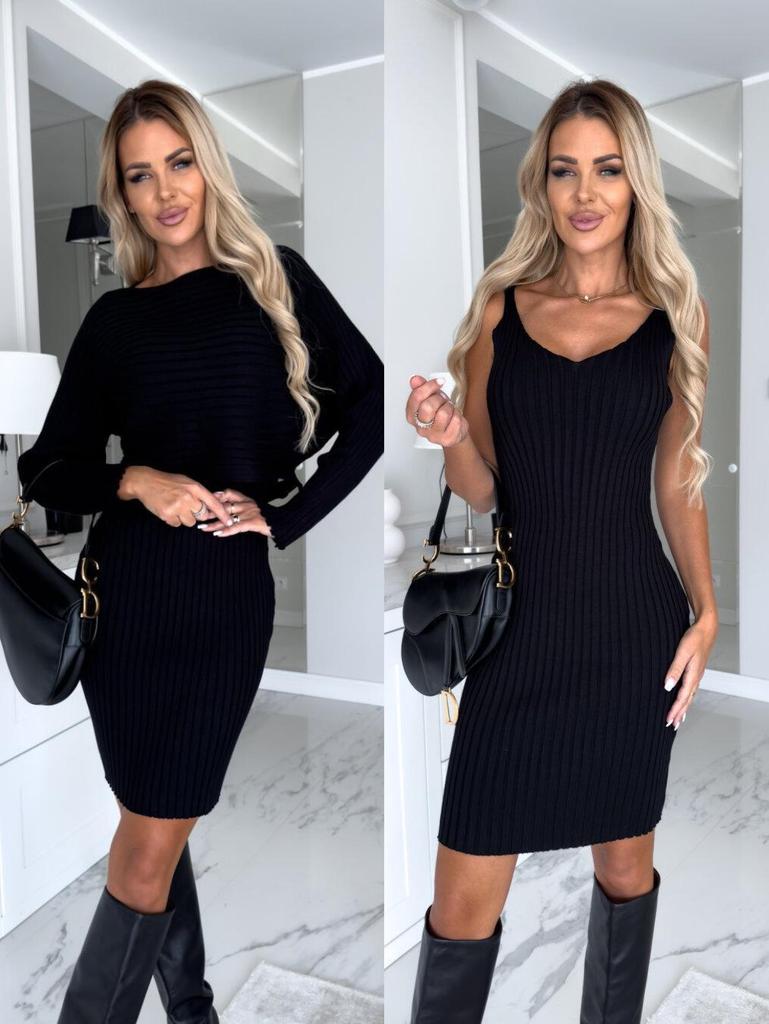 2023 European and American Autumn Fashion Set: Ribbed Long-Sleeved Top + Camisole Dress for Women