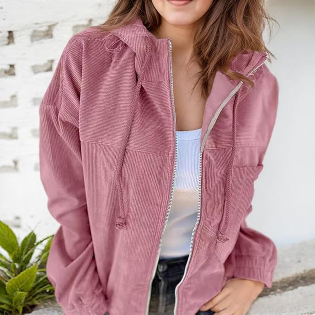 Veste de couleur ample et confortable pour femme Veste à capuche en velours côtelé à manches longues