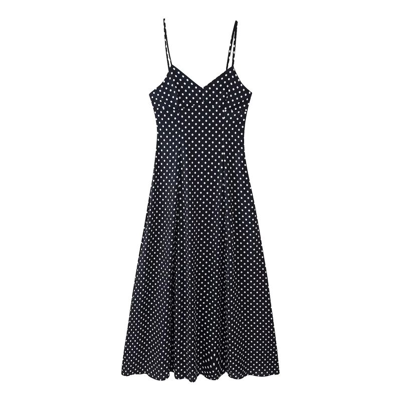 Summer New Product Women's Clothes Minimalist Black Polka Dot V Neck Sleeveless High Waist A- Line Long Sling Dress