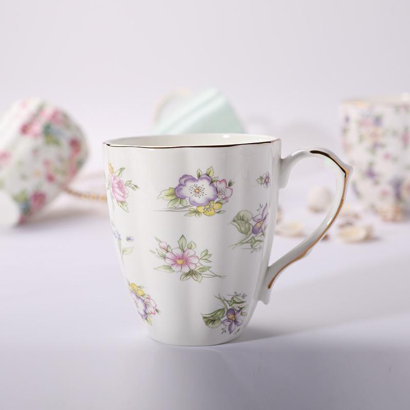 Bone China Coffee Mugs with Gold Rim, 450ml Floral Teacups for Women Gifts