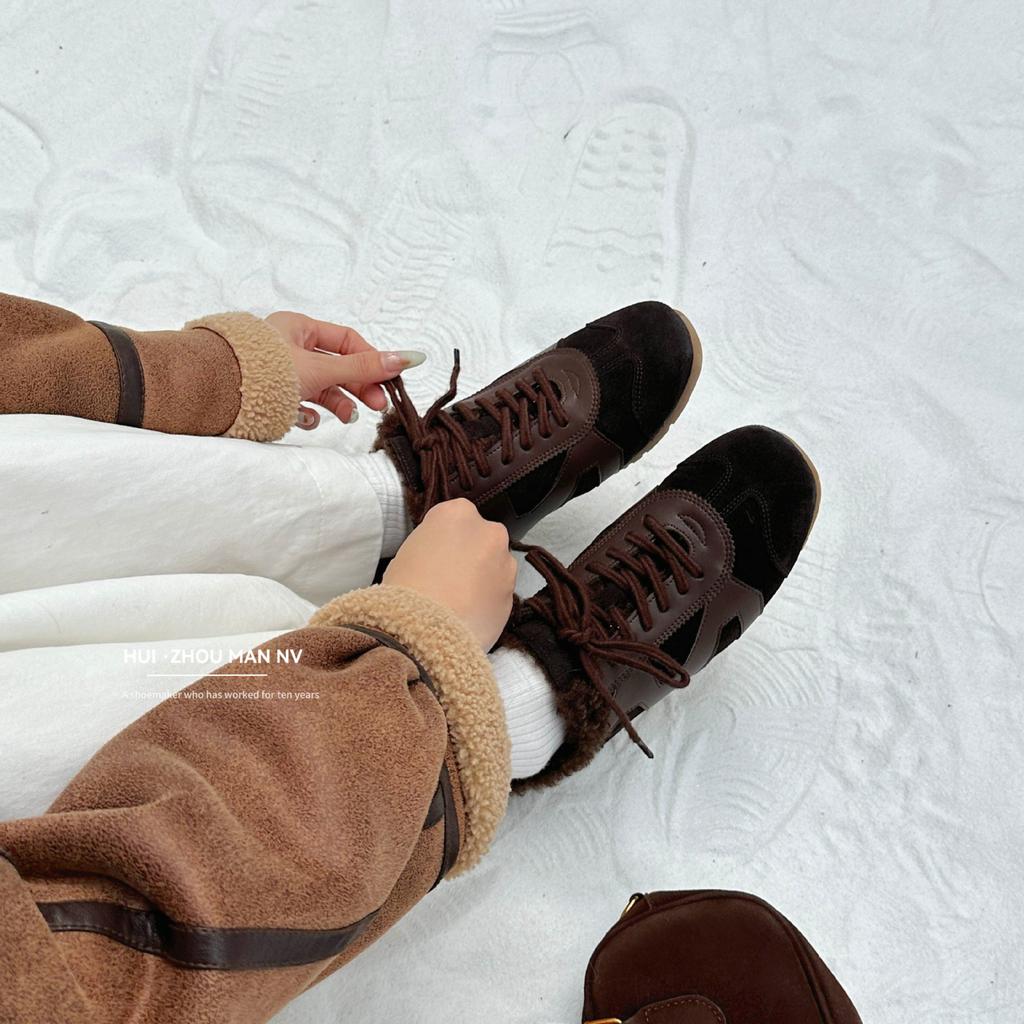 Cowhide Version~ Genuine Leather Retro Versatile Splicing German Training Shoes Women's Velvet Warm Casual Sports Shoes Heightening Forrest Gump Shoes