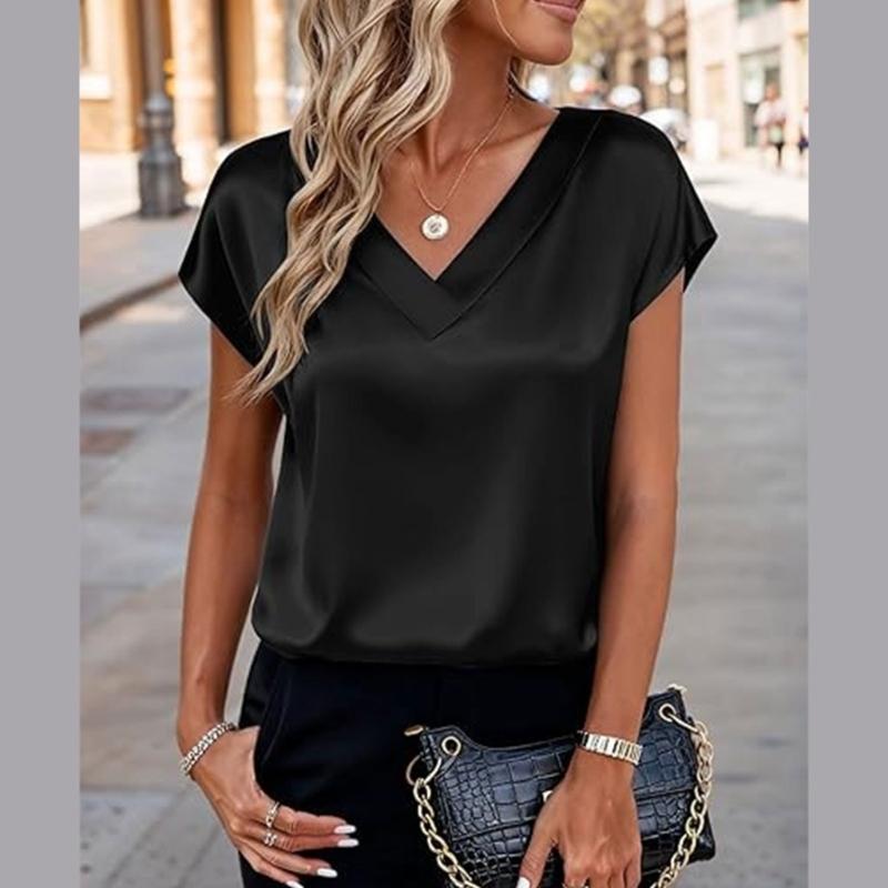 Damen Oberteile Mode Lässig V-Ausschnitt Kurzarm Bluse Business Lässige Oberteile Satin Seide Sommerhemd Arbeits Tuniken Oberteile