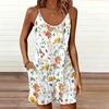 Womens Sleeveless Spaghetti Strap Romper Fresh Flowers  Print Pocket Short Jumpsuit