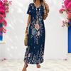 Women Plus Size V Neck Short Sleeve Floral Printed Navy Blue Long Straight Dress