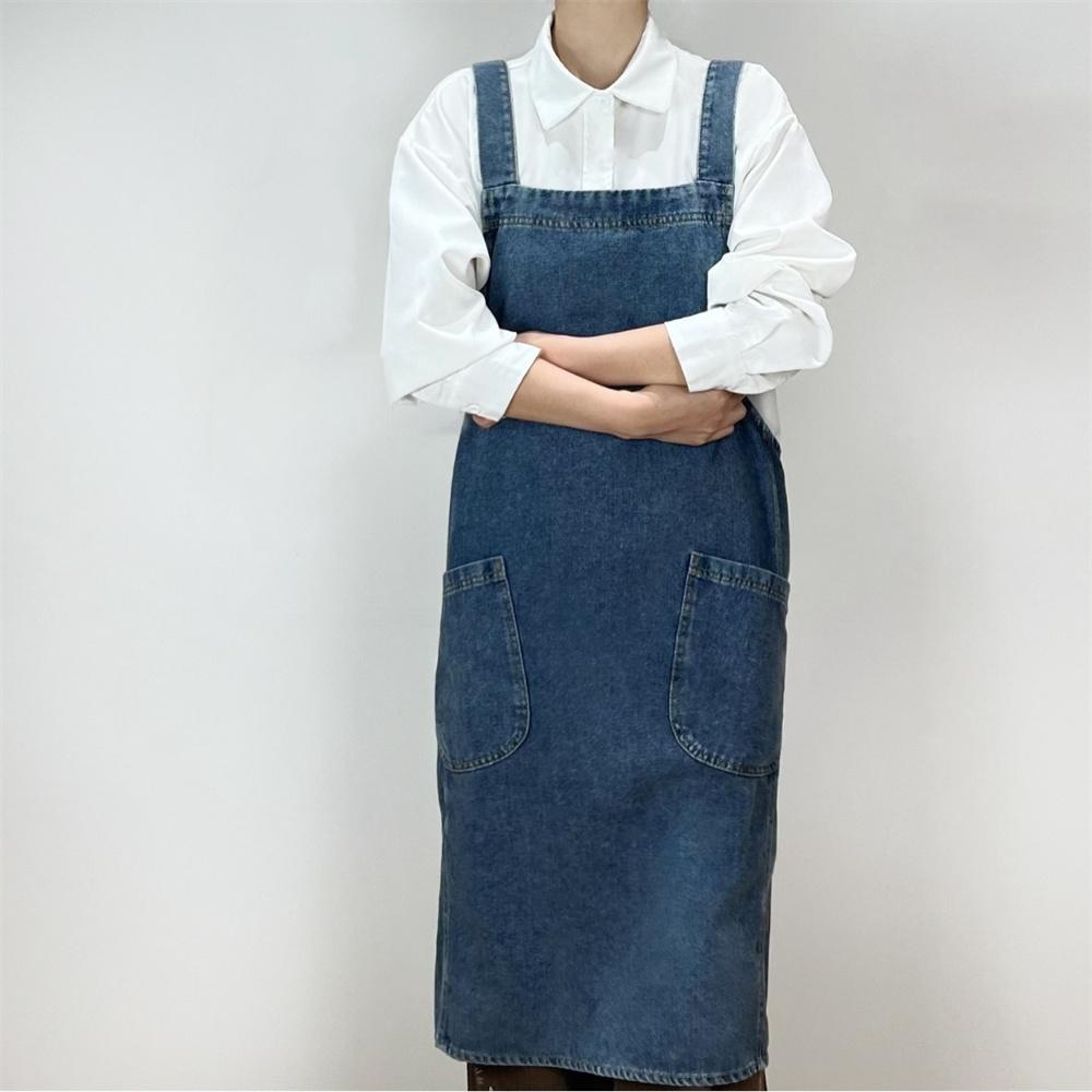 1pc Premium Denim Apron - Heavy-Duty Cotton Canvas, Stain-Resistant, Adjustable Bib Waist - Perfect for Kitchen Cooking, Baking,