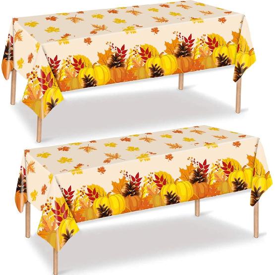 Thanksgiving Tablecloth Disposable - Fall Table Cloths Plastic Pumpkin and Maple Leaf Rectangle Table Cover Thanksgiving Party Decorations, 2 Pack