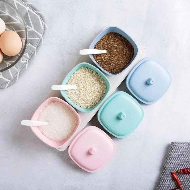 Wheat Straw Seasoning Box Plastic Spice Jar Kitchen Salt Condiment Cruet Storage Box Containers