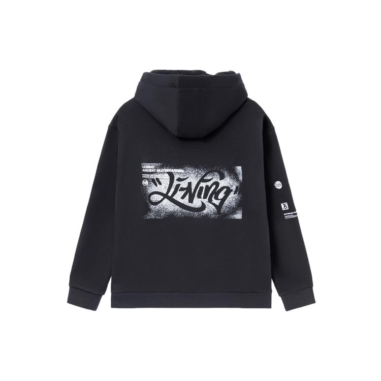 Li Ning Skateboard Fun Print Fleece Lined Thermal Loose Fit Pullover Hooded Sweatshirt Winter Men's Black AWDR821-1