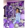 Purple and black birthday balloons, Happy Birthday party decorations, metallic silver latex balloons, heart-shaped balloons