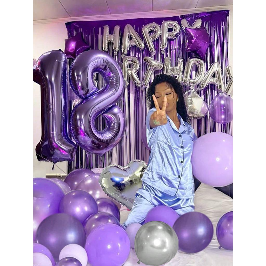 Purple and black birthday balloons, Happy Birthday party decorations, metallic silver latex balloons, heart-shaped balloons