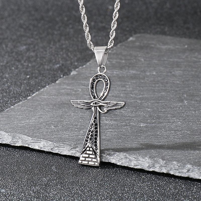 Norse Mythology Black Diamond Eye Of Horus Cross Necklace Retro Viking Sea King Trident Titanium Steel Pendant Men
