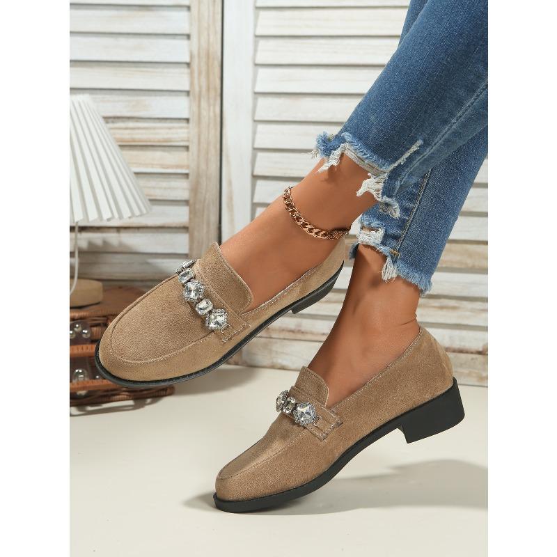 2025 Autumn New Rhinestone Suede Low-Top Shoes Thick Heels British Loafers Women