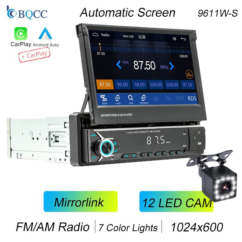BQCC 9611W 7" 1 Din Car MP5 Player AUX BT TF USB Colorful lights RDS Radio wireless Android AUTO/CarPlay Mirrorlink Car Stereo
