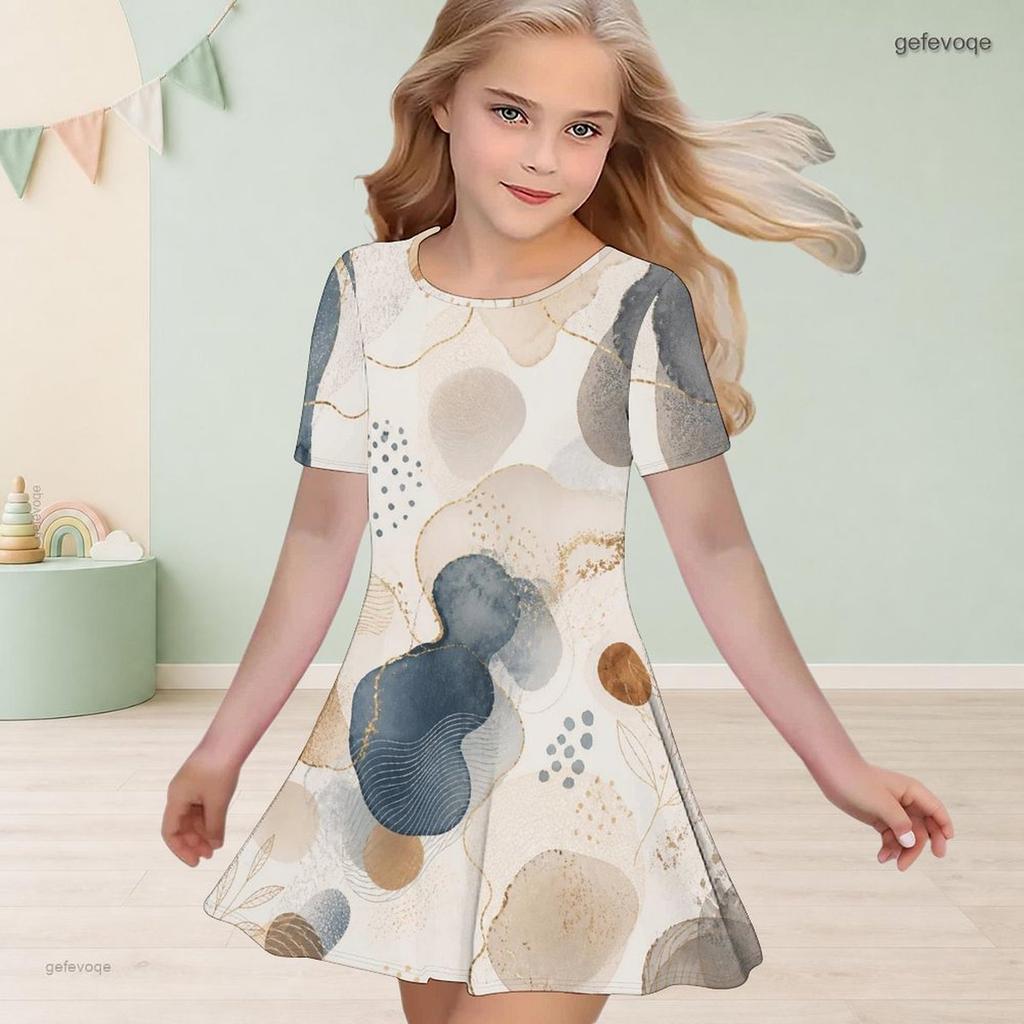 Girls Round Neck Short Sleeve Abstract Printed A Line Flared Dress