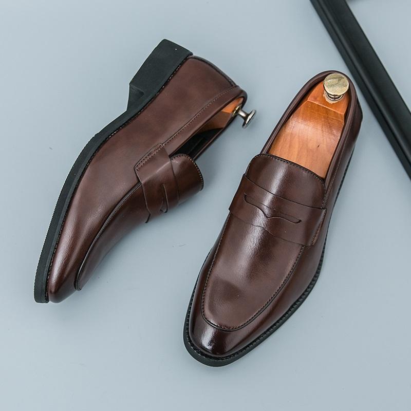Fashion New Designer Men's Pointed Brown Patented  Leather Wedding Shoes Male Penny Loafers Formal Dress Footwear Zapatos Hombre