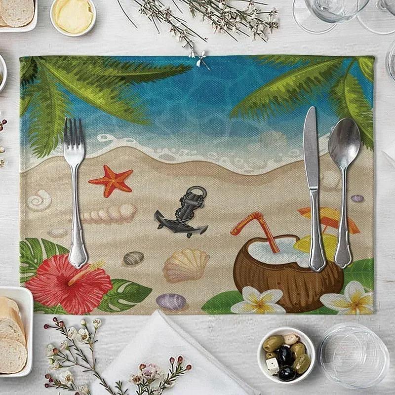 1PC Table Mats for Dining  Seaside Beach Pattern  Placemat Coconut Tree Linen