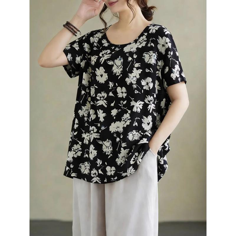 Womens Leaf Print Blouse Casual Round Neck Short Sleeve Loose Fit Top