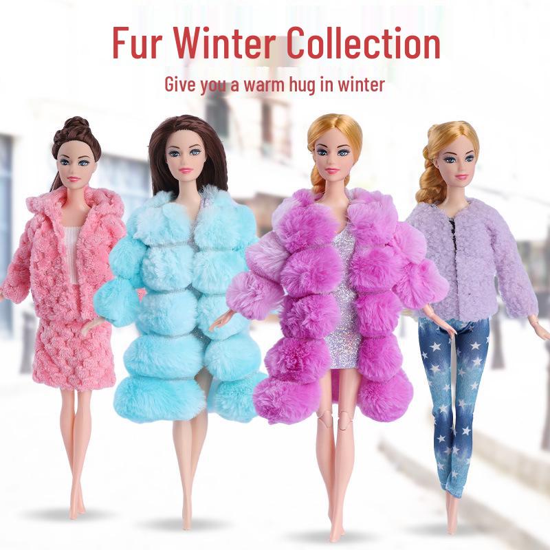 30cm Barbie Doll Fashion Set: Long Faux Fur Coat & Plush Short Jacket