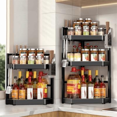 Household 2/3 Layer Condiments Rack Corner Stand with Hooks Seasoning Rack Carbon Steel Storage Rack Kitchen Organizer Supplies