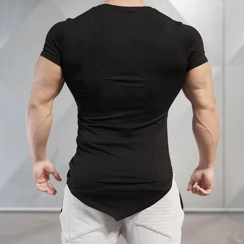 Muscleguys Mens Casual Irregular Sport Clothing Summer Cotton V-neck Short Sleeve Workout Shirts Gym Bodybuilding Fitness Slim Fit T-shirts