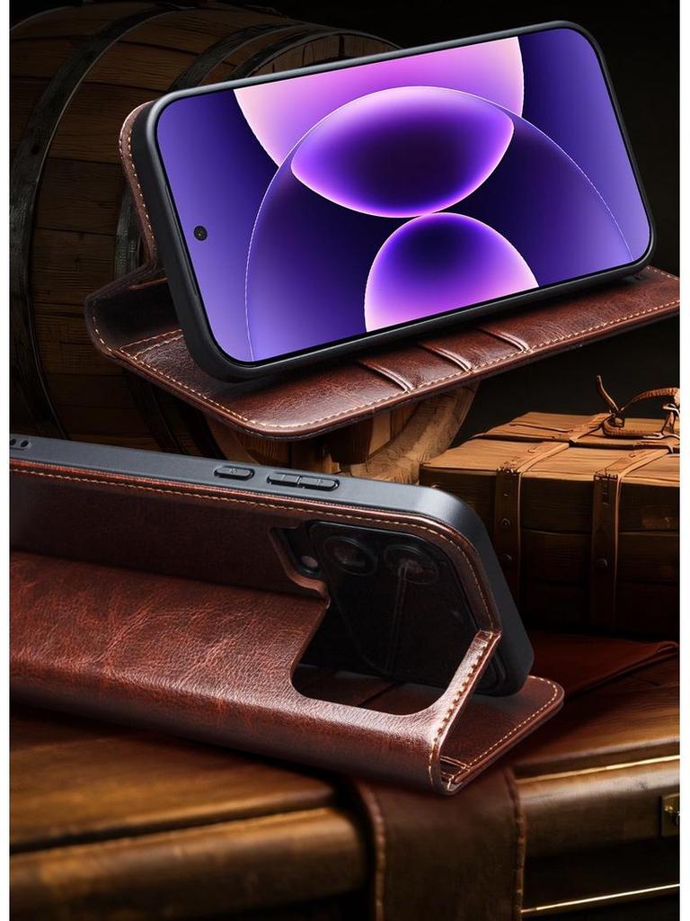 Chali Genuine Leather Xiaomi 17 Pro Max Flip Phone Case with Stand & Lens Protection