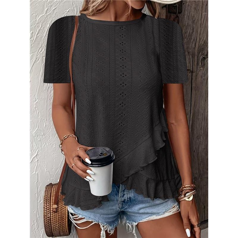Women's Casual Hollow Out Ruffle Hem T-Shirt - Short Sleeve Round Neck Solid Color Top