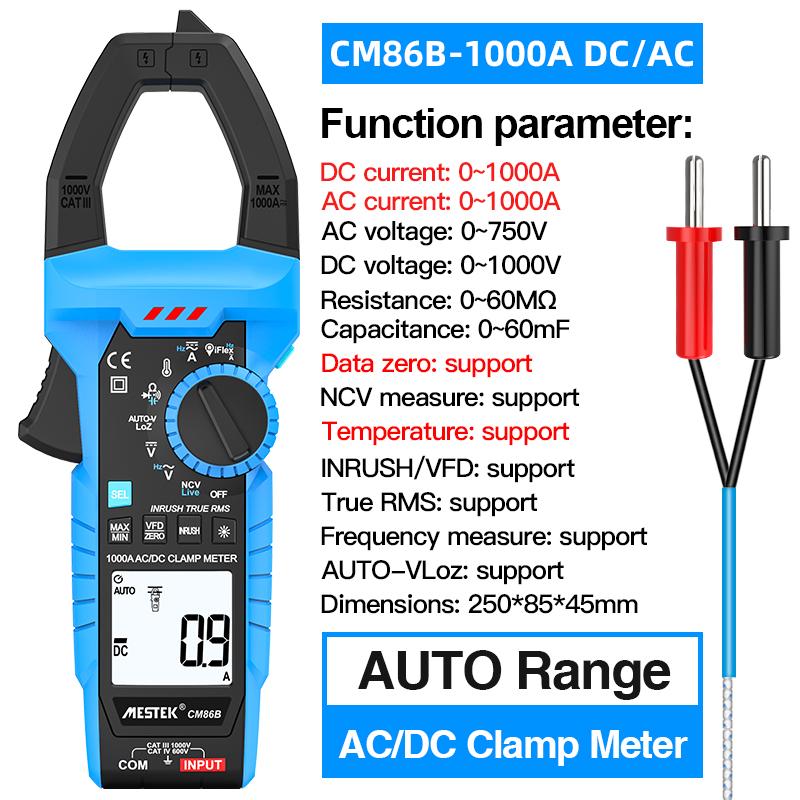 Mestek 1000A DC AC Current Digital Clamp Meter Auto Range Multimeter True RMS High Precision Voltage Tester Car Hz Clamp Meter