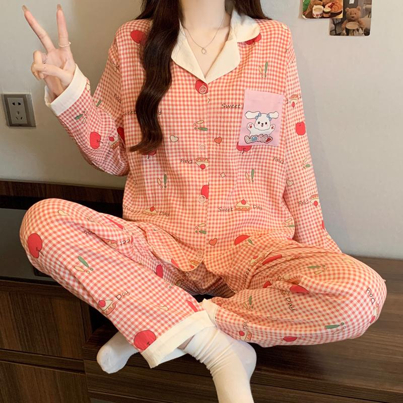 

весна осень Женский пижамный комплект мультяшный принт Топ и брюки Атласный кардиган одежда для сна Свободный пижамный комплект из 2 предметов Домашняя одежда Костюмы 2XL