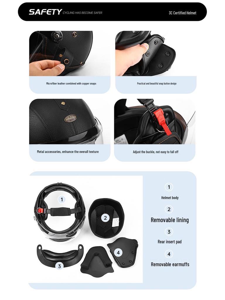 3C Certified Retro Motorcycle Half Helmet, Unisex Leather 3/4 Helmet, All-Season Warm Safety for Motorbikes & Electric Vehicles.