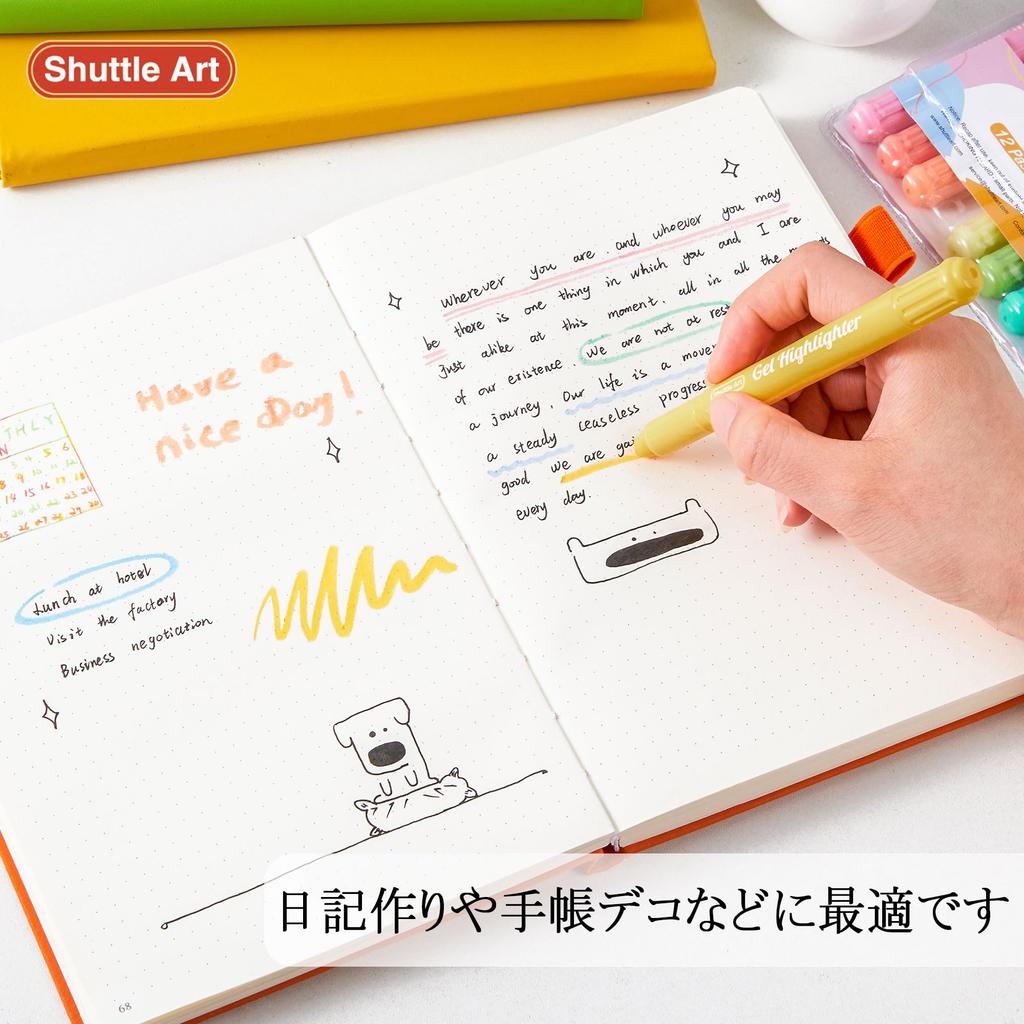 Shuttle Art Highlighter Pastel Solid Fluorescent Fluorescent Light Retractable Gel with Clear for Marking Convenient Storage Pens, Colors, 12-Color