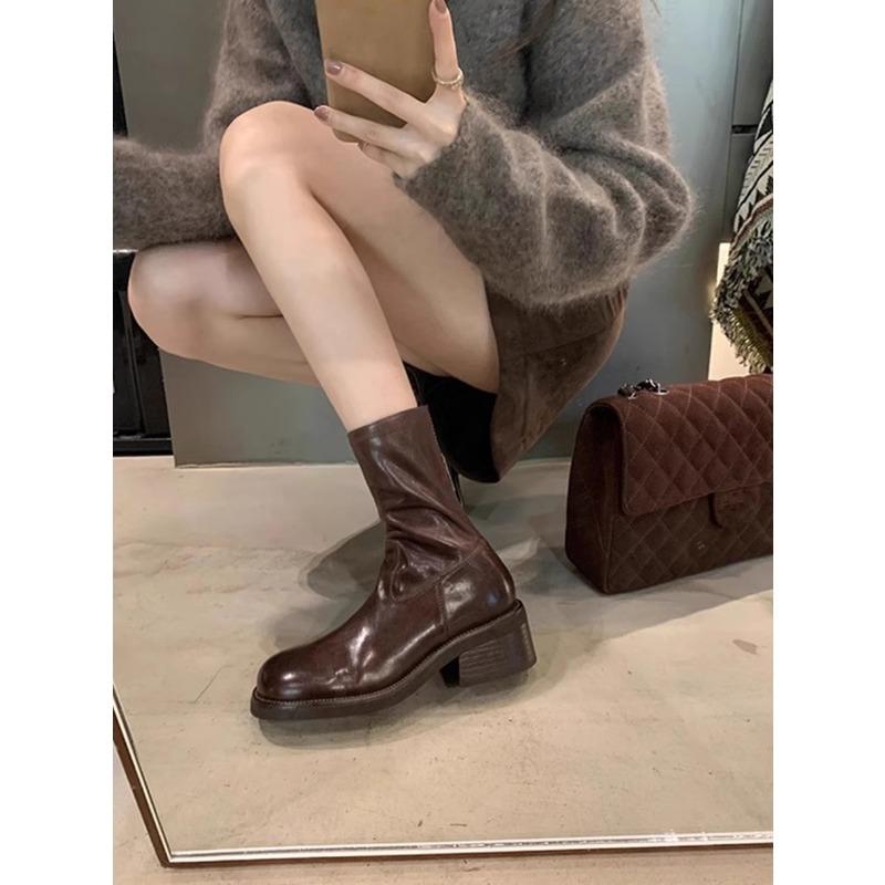 

Washed horsehide~ thick-soled short boots women s autumn leather retro single ankle boots small Martin boots thick heel thin boots 35