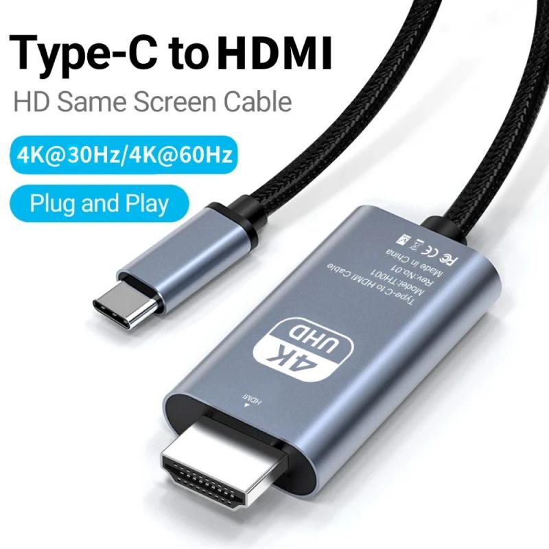 Type C To HDMI Cable 2M/6.6FT 4K 30/60Hz USB C To HDMI HD TV Converter Adapter For IPhone 15 MacBook Pro/Air IPad Samsung Laptop