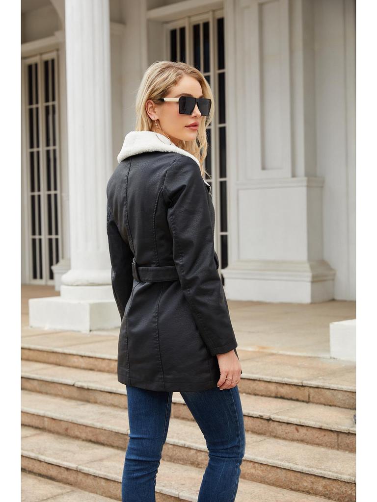 Women's Long-Sleeve Velvet-Lined Leather Jacket with Lapel, Double-Head Zipper, and Belt for Autumn and Winter.