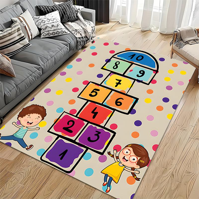 Colorful hopscotch rug with playful kids design. Non-slip rug suitable for living room and bedroom sofas.