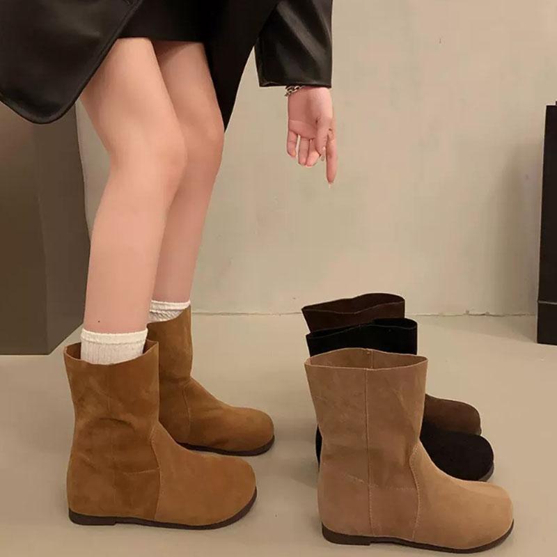 2026 New Fashion Autumn Women Mid-Calf Boots High Quality Cow Suede Leather Slip-On Flat Heel Casual Boots Ladies Handmade Retro