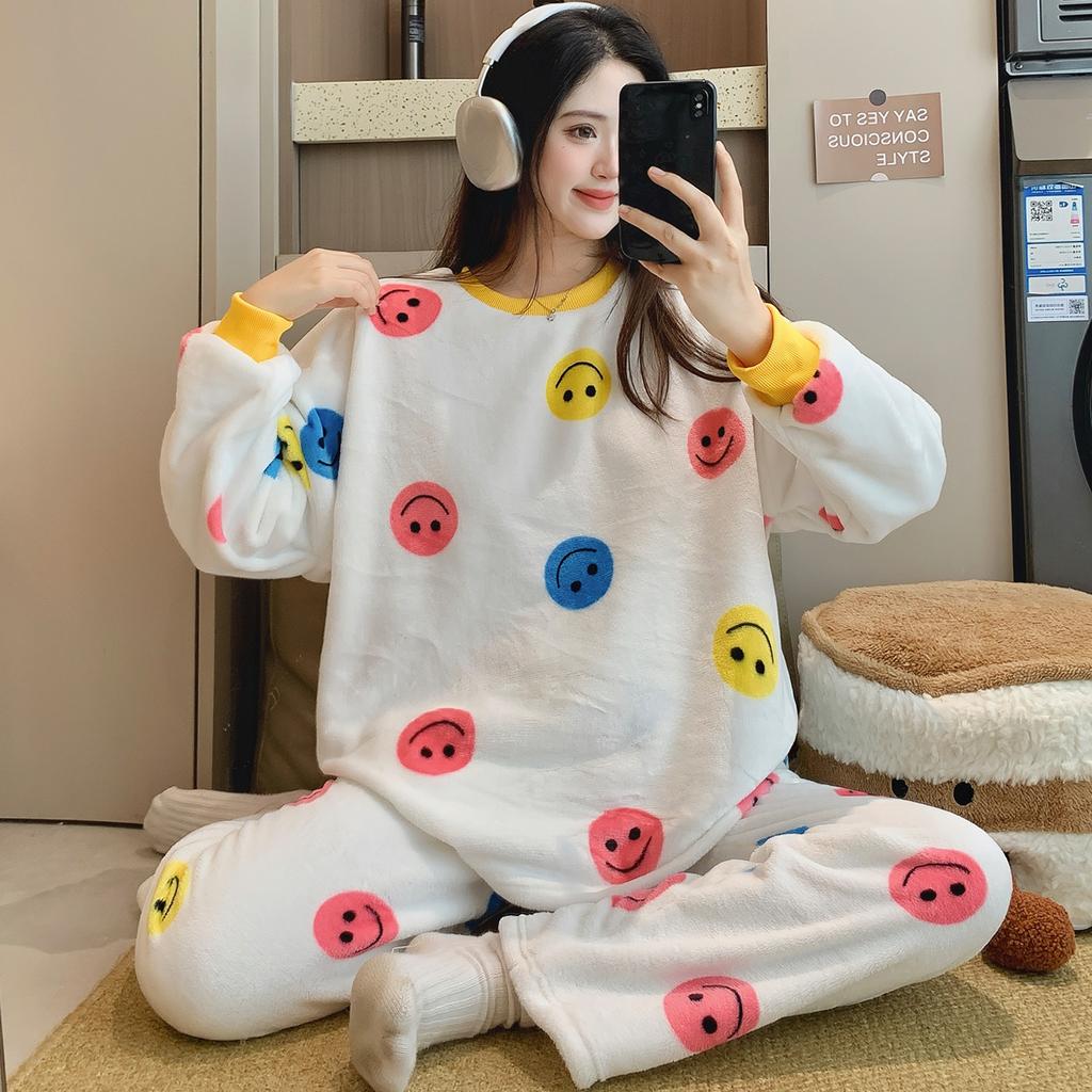 Autumn Winter Warm Flannel Women Pyjamas Sets Thicken Coral Velvet Long Sleeve Cute Cartoon Sleepwear Women's Flannel Pajamas Set for Youth Girl