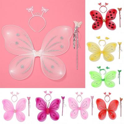 3-teiliges/Set Kinder Schmetterling Stirnband Flügel Zauberstab Mädchen Sommer Foto-Outfit Kinder Gelb Grün Lila Rosa Märchen Requisiten