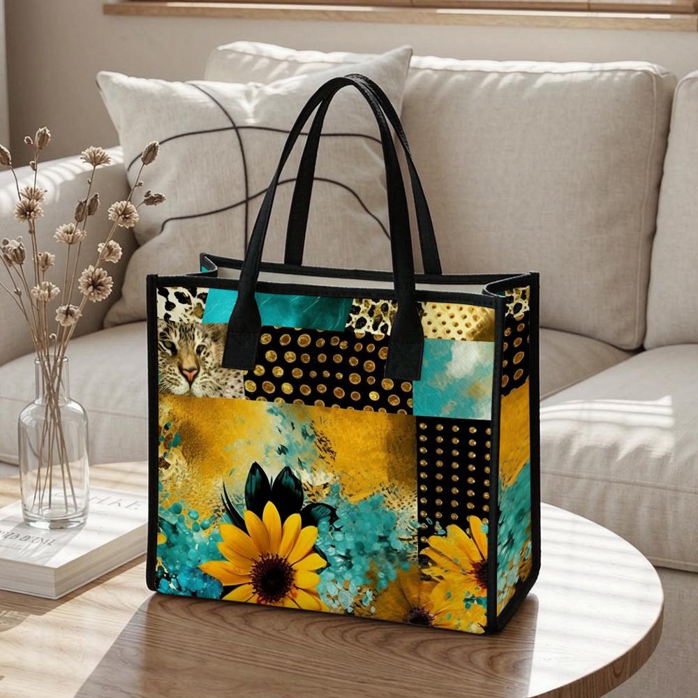 Sunflower Leopard Print Tote Bag Large Capacity Casual Daily Handbag for Women Outdoor Shopping Commuting Use
