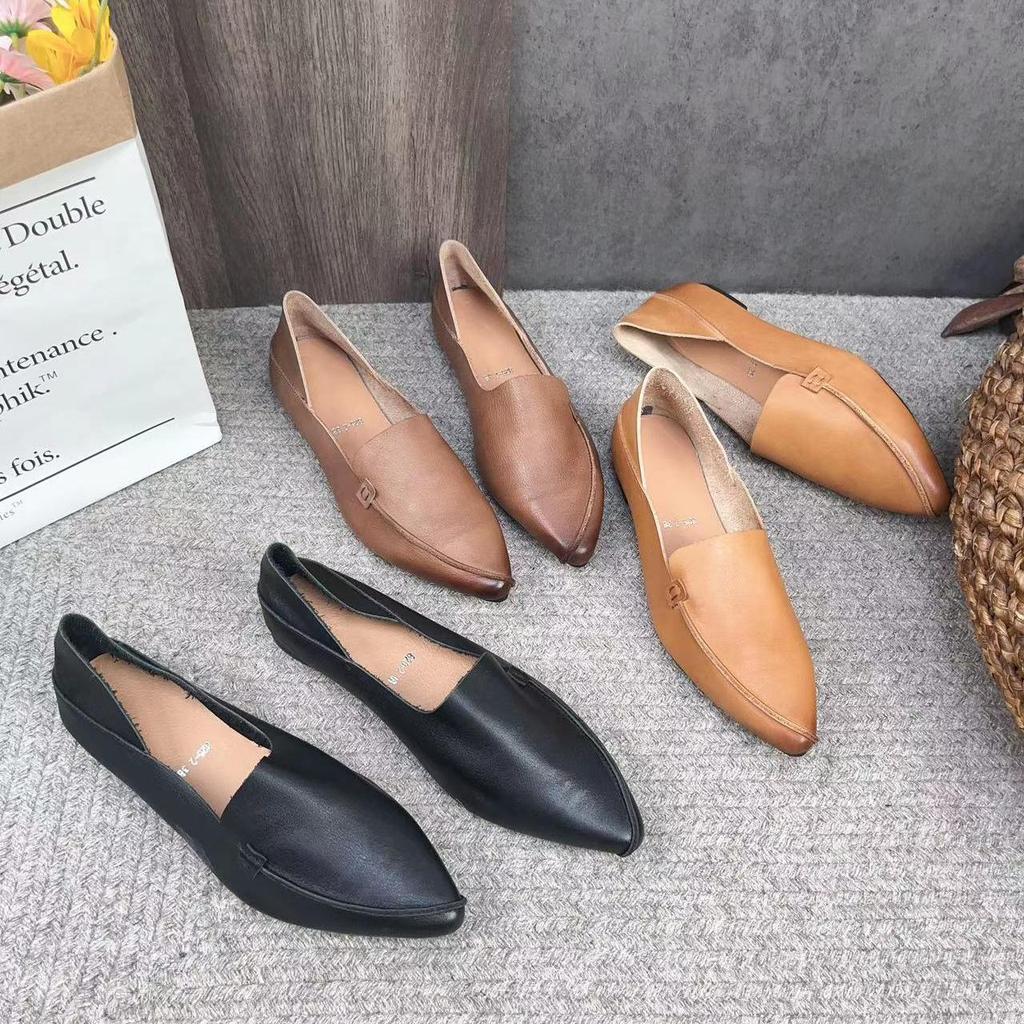 Johnature Retro Women Genuine Leather Pointed Toe Flats Shoes Handmade Shallow Soft Sole Solid Color Slip-on Shoes