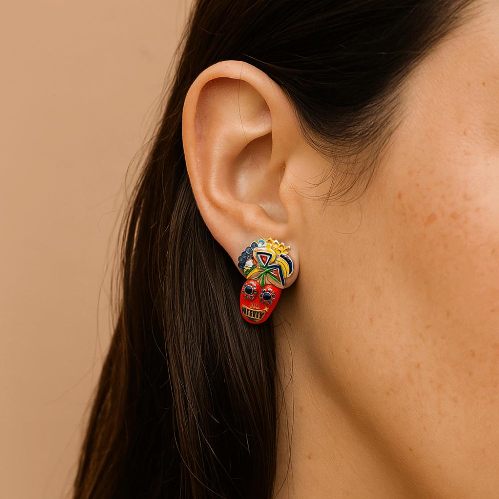 Flower Dripping Oil Skull Earrings Rhinestone Enamel Skeleton Stud Earrings Vintage Earring  Autumn