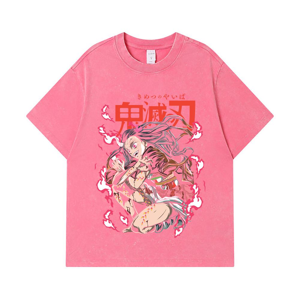 275 GSM Washed T-shirts 100% Cotton Demon Slayer V71 Nezuko Demon Print Unisex Heavy Cotton T Shirt