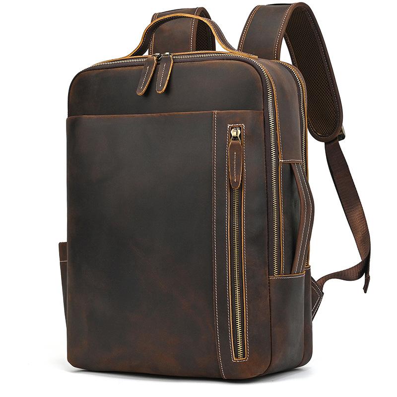 Retro Backpack Double Zipper Main Bag Leather Backpack Large Capacity Mad Horse Leather Outdoor Travel Bag Leisure Computer Bag