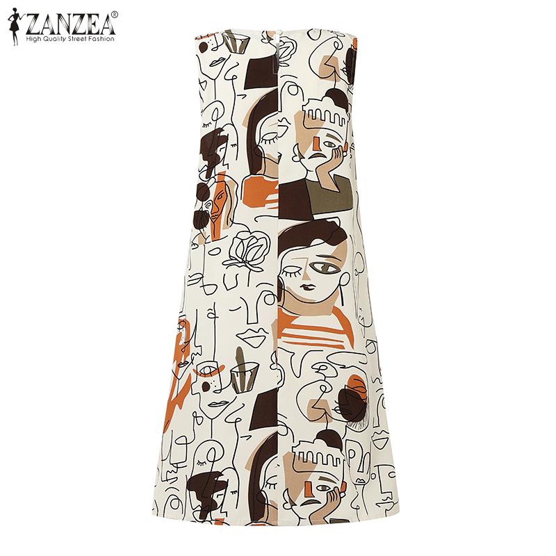 ZANZEA Women Casual Round Neck Summer Sleeveless Print Dress