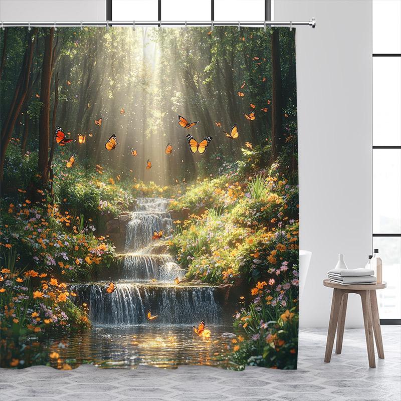 Forest Butterfly Shower Curtains Flowers Green Plants Butterflies Nature Waterfall Bath Curtain Fabric Bathroom Decor with Hooks