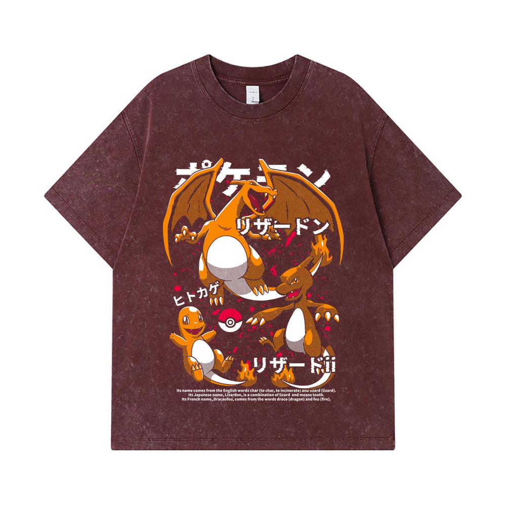 275 GSM Washed T-shirts 100% Cotton Pokemon V19 Charmander Print Unisex Heavy Cotton T Shirt