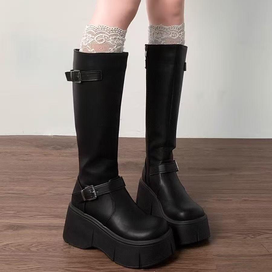 Retro French black platform boots, new autumn small new products, thin and heightened knight boots