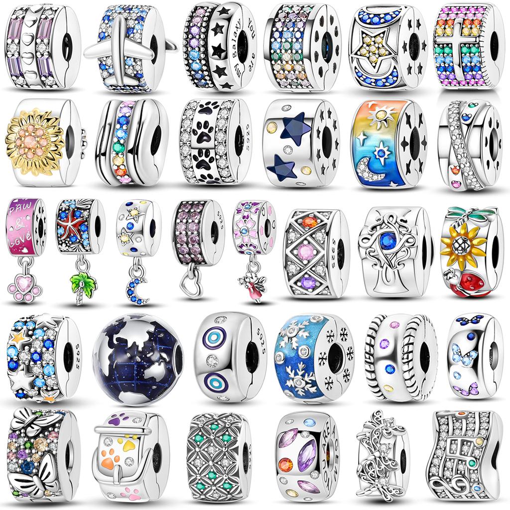 Silver Clasp 925 Silver CZ Pave Clip Charms Daisy Beads Stopper Safety Chain Fit Original Bangle Bracelet Jewelry Clip