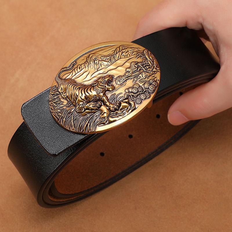 Men's Retro Genuine Cowhide Leather Belt with Smooth Buckle - Extended Large Size for Trendy and Plus-Size Fashion